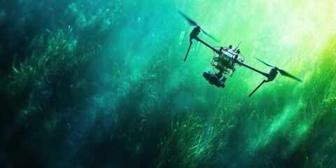 A drone glides through vibrant underwater vegetation, capturing stunning imagery in a serene aquatic environment.