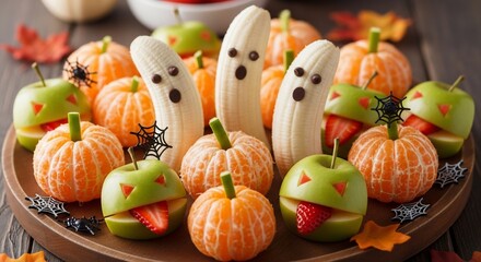 Halloween fruit platter with banana ghosts apple monsters and mandarin pumpkins for party treats