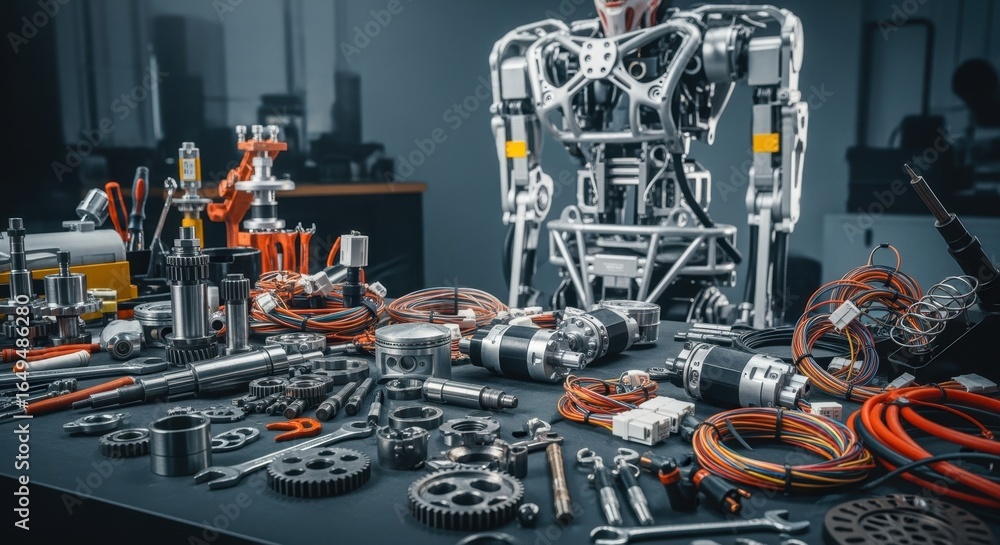 Aufkleber mechanical components and wiring harnesses spread across a workstation with an incomplete industrial