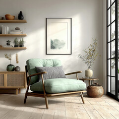 Cozy green armchair nestled in a stylish living room with natural light and calming decor elements