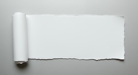 White torn paper sheet with ragged edges partially unrolled on light gray background creating rustic frame for text and creative design projects