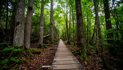 Obraz premium Wooden walkway through a lush forest.