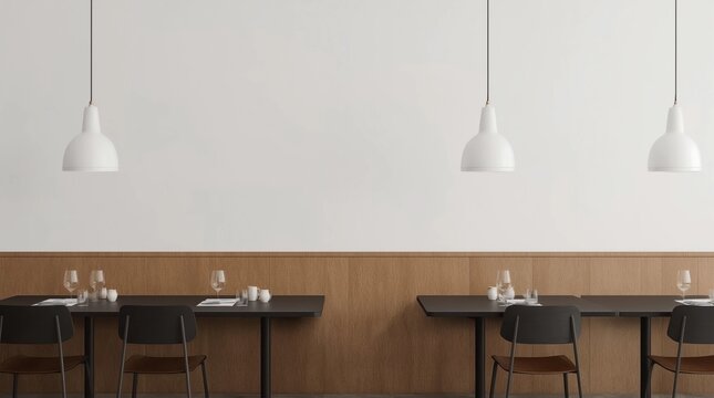 Modern restaurant interior with served tables and blank poster 