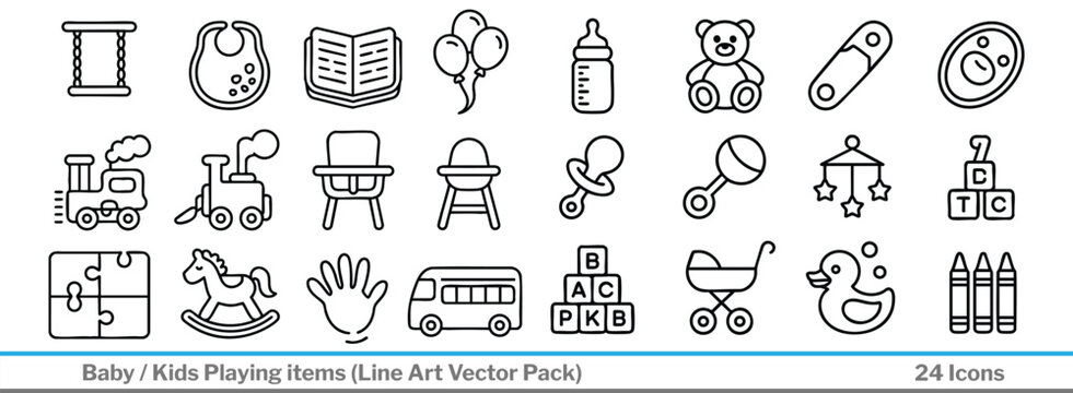 Adorable baby icons perfect for nursery decor and baby shower invitations with linear style