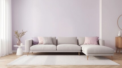 Fototapeta premium Modern sofa on light pink wall background with trendy home accessories, home decor interior, luxury living room 