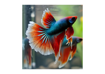 Colorful Betta Fish with Red and Blue Fins in Aquarium
