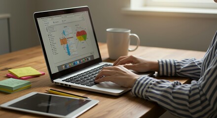 Close-up woman working on laptop showing data analytics dashboard with pie charts and colorful sticky notes