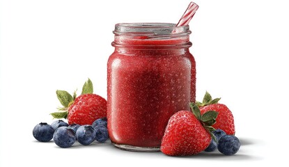 Red smoothie in mason jar, beside fresh berries