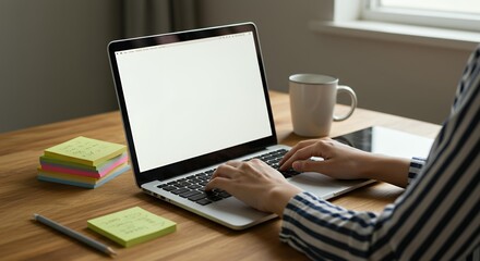 Close-up of businesswoman hands typing on laptop keyboard at organized wooden desk with multicolored sticky notes and office supplies
