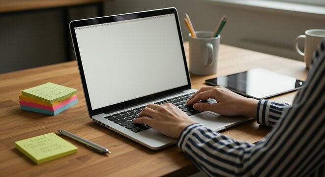 Female professional typing on laptop computer at wooden desk with colorful sticky notes and coffee mug in bright modern home office - Powered by Adobe