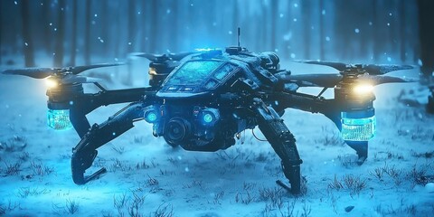 A futuristic drone equipped with bright lights, positioned on a snowy ground in a forested area, exuding a sci-fi aesthetic.