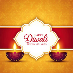 A diwali card with two diyas and the words happy diwali festival of lights on it