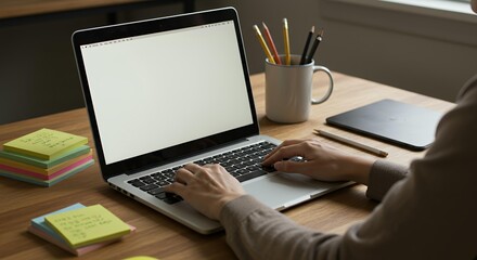 Remote professional typing on laptop at organized wooden home office desk with sticky notes and supplies
