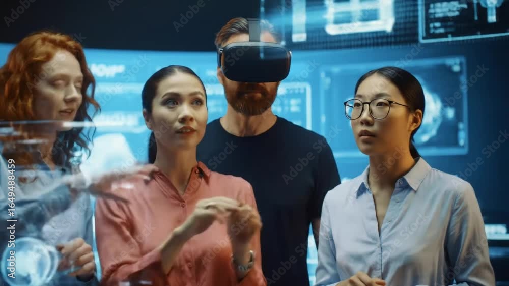 Poster a diverse group of individuals collaborates in a futuristic environment, interacting with advanced t