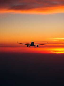 Airplane crossing a glowing orange horizon as twilight begins to settle in