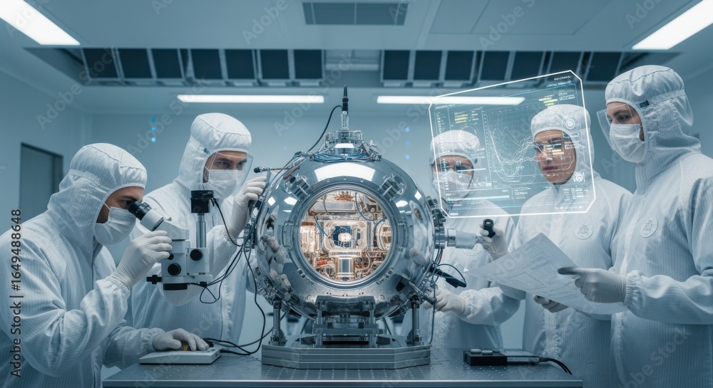 Poster engineers working on a cuttingedge lowbackground radiation device within a controlled underground cl