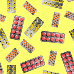 Seamless Pharmaceutical Blister Pack Pattern on Yellow Background
