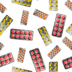 Seamless Pattern of Medical Blister Packs on White Background