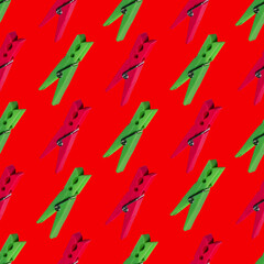 Bold Red Background Clothespins Seamless Pattern