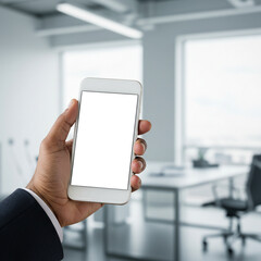 A hand in a suit holds a white smartphone with a blank screen in a bright, modern office space. This professional mockup is ideal for displaying corporate applications or business content.