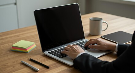 Professional workspace desk setup with laptop coffee mug and colorful sticky notes for modern office productivity and remote work