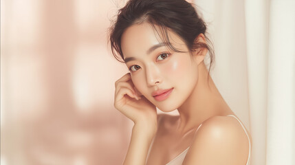 Naklejka premium Portrait of a beautiful woman with clear skin and soft light
