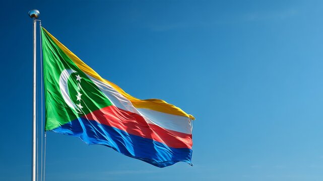 Comoros flag displayed proudly to celebrate independence day in a clear blue sky