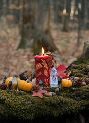 burning magic candle, crystals, decorative pumpkins in forest. mystery fairy tale scene....