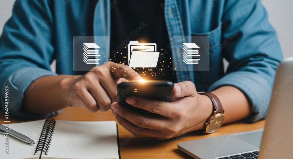 Poster a person using a smartphone with digital file icons overlayed on the screen view