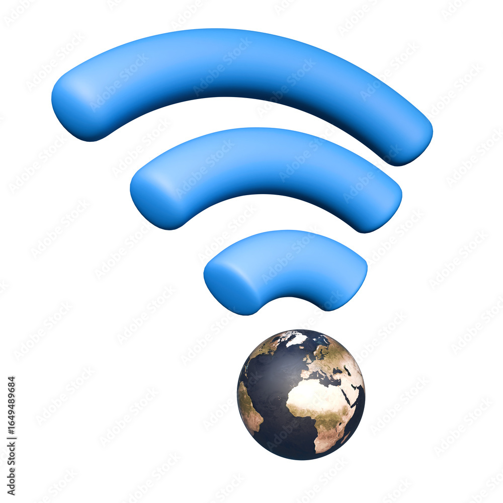 Poster blue wifi symbol with planet earth on an isolated background. wifi signal concept. wireless world wi