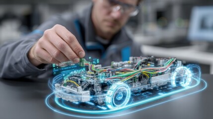 A detailed perspective of a technician inspecting a smart dashboard component highlighting advanced sensors and wiring harnesses intended for retrofit into electric vehicles.