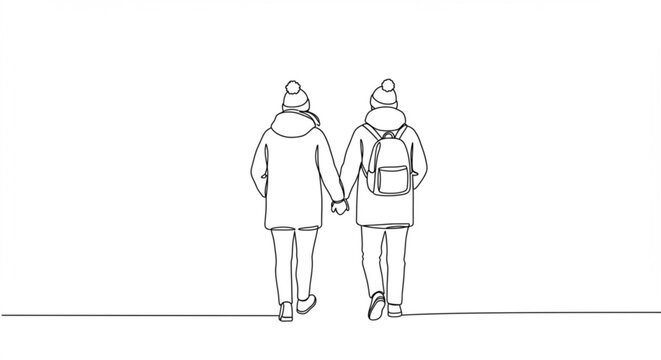 Couple holding hands walking in winter clothes, isolated on white background