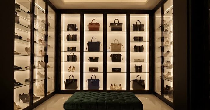 Luxurious walk-in closet with organized designer handbags and shoes on display.