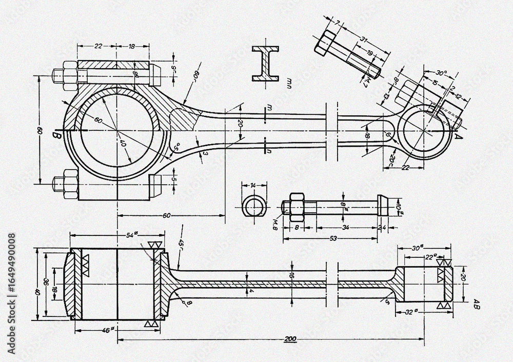 Poster piston and connecting rod of motorcycle, car engine. engineering mechanical drawing. technical machi