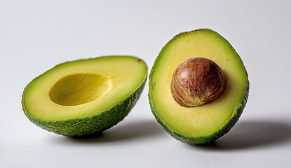 Two halves of a fresh avocado, sliced open, displaying the pit and creamy flesh.  Bright, studio shot against a plain white background