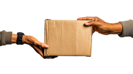 Hands exchanging a securely wrapped cardboard package against a white background, cut out transparent