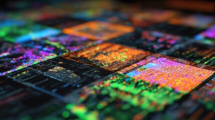 A vibrant display of machine learning models in action processing live feeds of recycled fibre board with highlighted areas indicating potential flaws such as warped edges or foreign