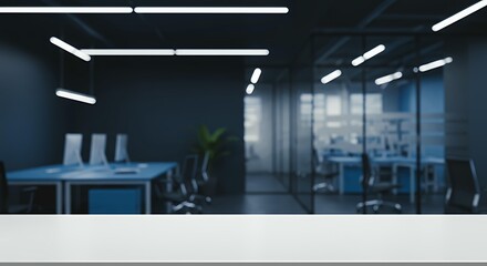 Modern corporate office interior with glass walls and contemporary LED lighting fixtures in blue toned workspace environment