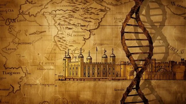 Generative AI DNA double helix overlay on aged parchment map of Tower of London blending science and history in symbolic concept art