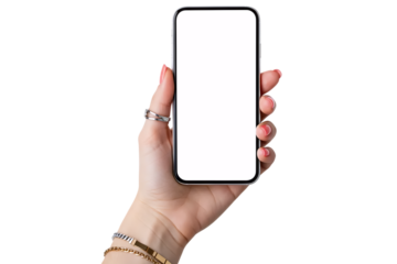 A woman's hand with rings and bracelets holding a smartphone with a blank white screen. This stylish mockup is isolated on a white background for easy use in various designs.