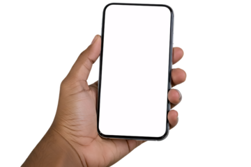A man's hand holds a smartphone with a blank white screen. Isolated on a white background, this mockup is perfect for diverse and inclusive app presentations.