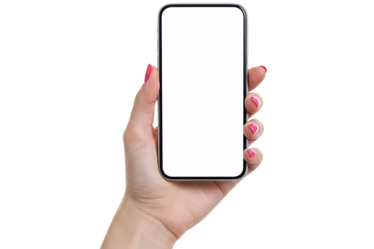 A woman's hand with bright red nail polish holds a smartphone with a blank white screen. This stylish mockup is isolated on a white background, perfect for beauty or fashion apps.