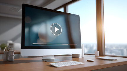 Modern desktop computer displaying video player in office setting