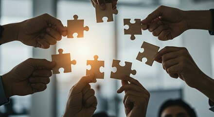 Multiple business professionals holding wooden puzzle pieces together with sunlight glow representing teamwork and strategic collaboration