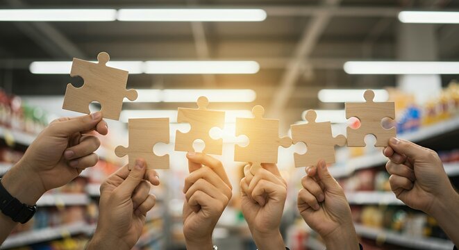 Diverse business team holding wooden puzzle pieces together in retail store environment symbolizing collaboration and teamwork - Powered by Adobe