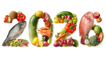 New year 2026 food trends. New year 2026 made of fruits and vegetables. Healthy food. 2026 resolutions, trends, healthy eating, sustainable, goals concept, organic isolated on a white background