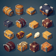 collection of 3D isometric game assets featuring various treasure chests, barrels, and crates, showcasing different designs and materials