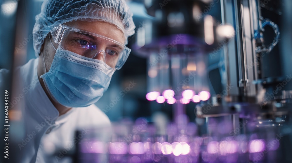 Poster closeup of a technician in a lab coat inspecting the feeding system of a vertical insect farming uni