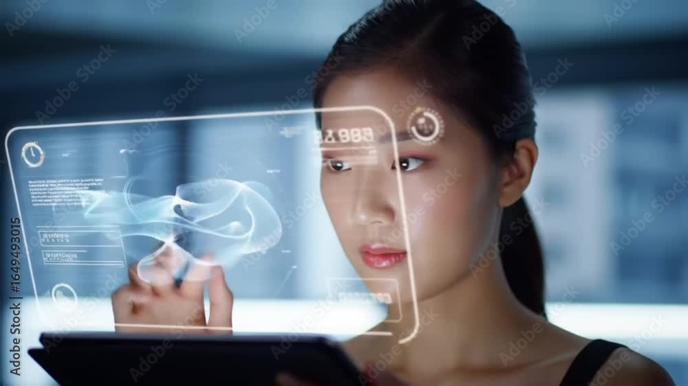 Poster a person is looking at a transparent screen displaying digital information, possibly related to tech