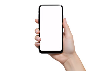 A woman's hand holding a smartphone with a blank white screen. Isolated on a white background, this clean and versatile mockup is perfect for showcasing your app or website.
